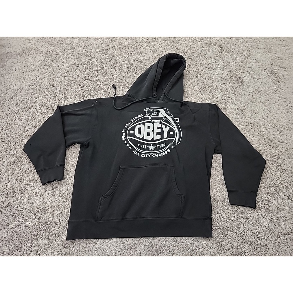 Obey Hoodie Mens L Black Pullover 89th St. All Stars All City Champs Graphic